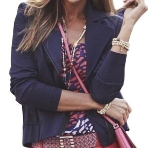 cabi Chance Womens Size XS Navy Black Asymmetrical Zip Moto Jacket Shoulder Pads